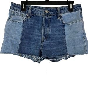 BDG URBAN OUTFITTERS Patchwork Cut Off Raw Hem Jean Shorts Blue Denim sz 28 x 2